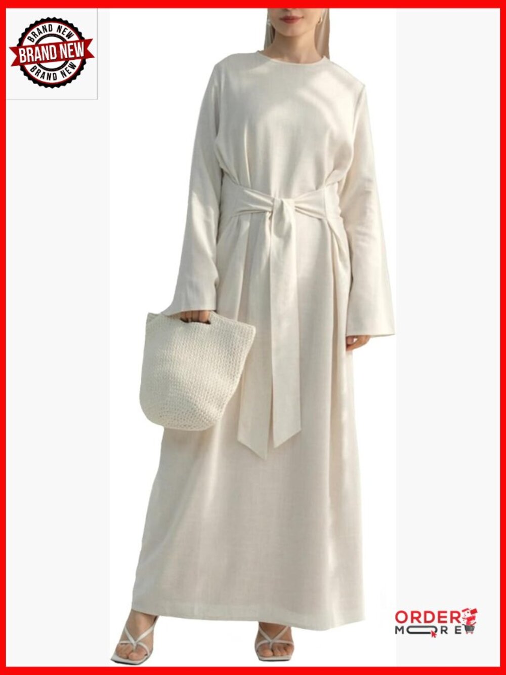 Linen-Blend Maxi Dress with Long Flared Sleeves and Tie Belt